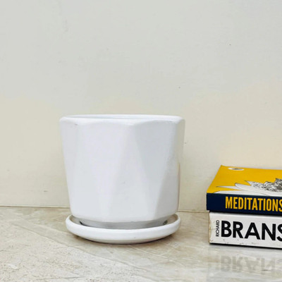 Bharat Pushpam Glossy Geometric White Plant Container Set(Ceramic)