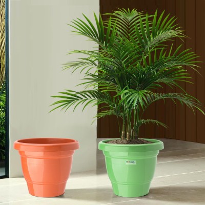 HOMESTIC (Pack of 2) 2-Layer Flower Pot for Home Décor (8 Inch) Green & Orange Plant Container Set(Pack of 2, Plastic)