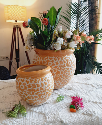 Niyara drop texture yellow colour 8 & 6 inches combo ceramic planters pot Plant Container Set(Pack of 2, Ceramic)