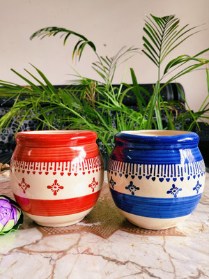 Niyara Small Combo Red & Blue Handi Set of 2 Plant Container Set(Pack of 2, Ceramic)