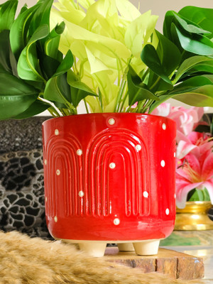Niyara Red Abstract Pot 6 inches Plant Container Set(Ceramic)