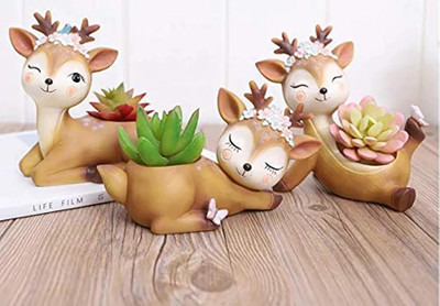 The Viyanka Store Handcrafted Resin Deer Set 3 Creative Succulent Flower Pots Plant Container Set(Pack of 3, Poly-Resin)