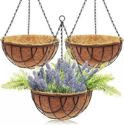 Muddstyles Metal Hanging Coco Coir Planter Basket (10 inch)With Liner And Chain Set Of 3 Plant Container Set(Pack of 3, Metal)