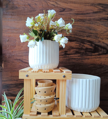 Niyara White line Design Stylish Ceramic Combo 8&6 Planters pots (Color: White) Plant Container Set(Pack of 2, Ceramic)