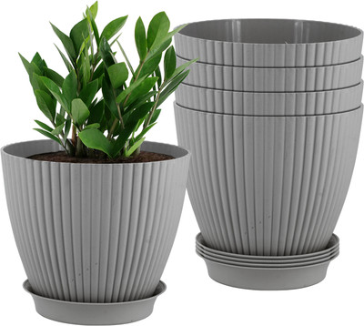 Garden's Need Garden’s Need 7-Inch Round Flower Pots with Tray | Set of 5 Grey Plant Container Set(Pack of 5, Plastic)
