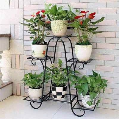 Casa Trading Foldable Plant Pot Stands for Indoors and Outdoors, 6 Tier A Shape Black Plant Container Set(Metal)