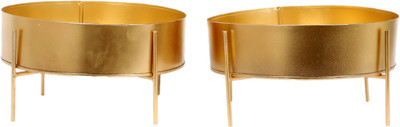 Amaya Decors Round Gold Table Planter with Stand Set of 2 Plant Container Set(Pack of 2, Metal)