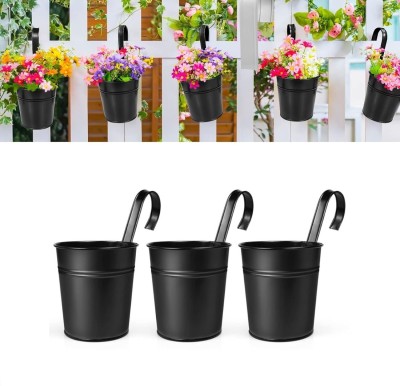 PRIME KRAFTS 3 Pcs Round Railing Planter with Detachable Hook for Indoor and Outdoor, Black Plant Container Set(Pack of 3, Metal)