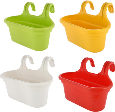 Muddstyles Home Balcony Hanging Double Hook Pot Yellow, White, Green, Red Plant Container Set(Pack of 4, Plastic)