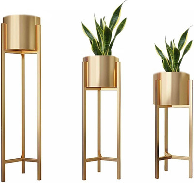 Deqorise Tall Standing Golden Plant Container Set(Pack of 3, Metal)