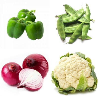 SimXotic Combo of Sem Phali, Capsicum Green, Cauliflower & Onion Red (GMO-FREE) Seed(4 per packet)