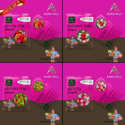 AGRO MILL COMBO OF ZINNIA MIX, BALSAM MIX, CELOSIA MIX, VINCA/ HIGH GERMINATION FLOWER Seed(4 per packet)