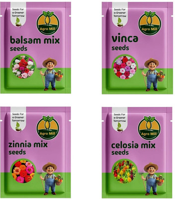 AGRO MILL COMBO OF ZINNIA MIX, BALSAM MIX, CELOSIA MIX, VINCA/ HIGH GERMINATION FLOWER Seed(4 per packet)