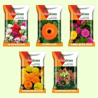 Vrisa Green 5 Pack Combo of Balsam, Calendula, Zinnia, African Marigold And Antirrhinum Seed(5 per packet)