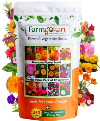 farmgokart |RAINY SEASON FLOWER SEEDS - 12 VARIETY + 250 Gm of Seed Germination Mix|RFLO-01 Seed(1640 per packet)