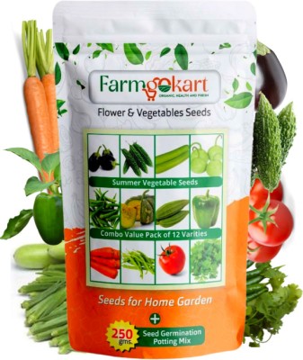 farmgokart Vegetables Seeds Combo Pack of 12 Varieties+ 250 GM Germination mix soil|SVEG-02 Seed(1235 per packet)