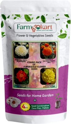 farmgokart |FC-06|Pack of 4 Flower Seeds|MARIGOLD -WHITE , ROUNDBALL, FRENCH RED ,YELLOW Seed(250 per packet)