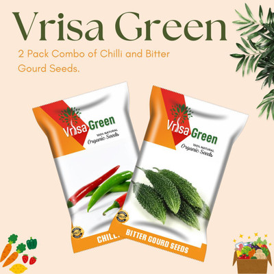 Vrisa Green Bitter Gourd and Chilli Seeds Combo for Home Gardens Seed(50 per packet)