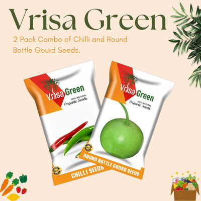 Vrisa Green Spicy Chilli and Fresh Round Bottle Gourd Seeds for Home Gardens Seed(50 per packet)