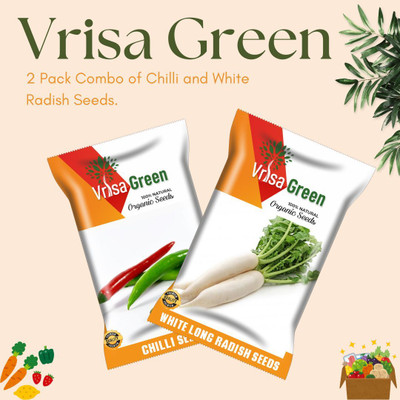 Vrisa Green Spicy Chilli and Crisp White Long Radish Seeds for Your Garden Seed(50 per packet)
