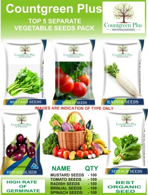 Countgreen Plus Top 5 Separate Vegetable Seeds Pack - Mustard Tomato Radish Brinjal Spinach Seed(100 per packet)