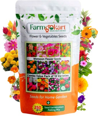 farmgokart |RAINY SEASON FLOWER SEEDS - 10 VARIETY + 250 Gm of Seed Germination Mix|RFLO-02 Seed(1500 per packet)