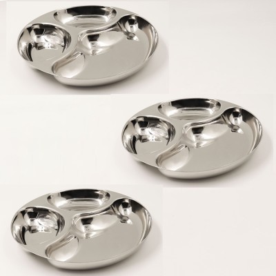 Spillbox Stainless Steel 3 Compartment Round Plate Dinner Plate(Pack of 3)