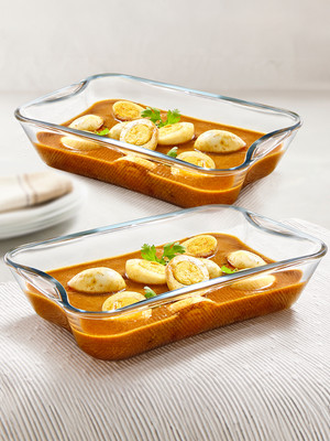 BOROSIL 2 pc Rectangular Shape Baking Dish Set with Handle, 1.5L Serving Bowl Baking Dish(Pack of 2, Microwave Safe)