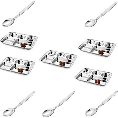 BGT Stainless Steel 5in1 Compartment Plate/ Partition Plate/ Bhojan Thali with Spoon Sectioned Plate(Pack of 5)
