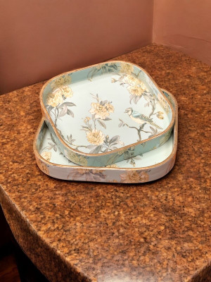 DULI Set of 2 Blue Birds Design Serving Tray for Festive Gifts 9X9 & 8X8 Inches Tray(Pack of 2)
