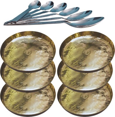 SHINI LIFESTYLE Pure Brass Thali Set For Pooja/Serving Purpose, Brass Plate 6pc with Spoon Set Dinner Plate(Pack of 6)