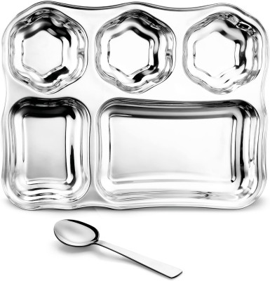 Classic Essentials Stainless Steel 5in1 Compartment Hexagonal Design Bhojan Thali with Spoon Sectioned Plate