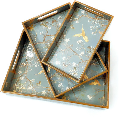 casagold Golden Bird Print Wooden Tray Set of 3 Serving Trays/Gift Item Tray(Pack of 3)