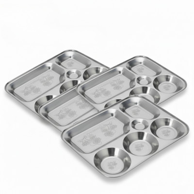 Sager Premium Steel Lunch/Dinner Plate/Bhojan Thali 6x1 Compartments with Laser Design Dinner Plate(Pack of 4, Microwave Safe)