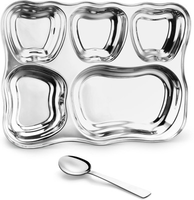 Classic Essentials Stainless Steel 5in1 Compartment Apple Design Bhojan Thali with Spoon Sectioned Plate