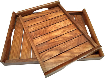 HANDYYTWWISST Wooden Handmade Rectangular Shape Serving Tray Set Of 2 Tray(Pack of 2)