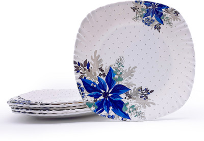 Laserbot Blue flower Half Round Ice Cream Starters Serving Melamine Half Plate ( 8 Inch) Half Plate(Pack of 6)