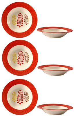 caffeine Ceramic Handmade Red Boota Soup Plates 7 inch_NEW PTD386 Charger Plate(Pack of 6, Microwave Safe)