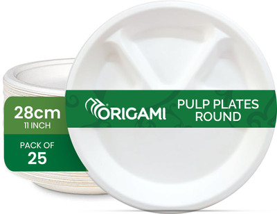 Origami Round 11 Inch (28cm) Biodegradable & Eco-friendly Bagasse Paper Plates Dinner Plate(Pack of 25)