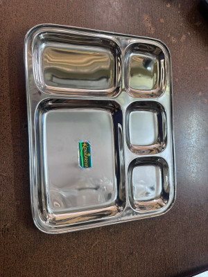 AnandTrader stainless steel 5 in 1 plate heavy quality Not microwave safe Dinner Plate(Pack of 6)