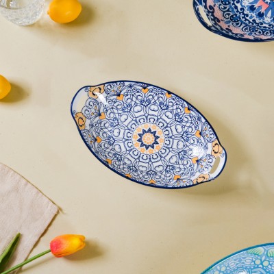 Nestasia Dark Blue Mandala Ceramic Long Dish with Handles for Serving Snacks Tray(Microwave Safe)