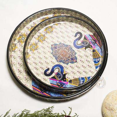 Dreams n Decor MDF Wooden Round Serving Tray|Handcrafted Elephant Bliss|Set of 2 |Enamel Coated Tray(Pack of 2)