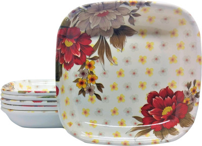 Laserbot RED Flower Half Round Ice Cream Starters Serving Melamine(6 Inch) Half Plate(Pack of 6)