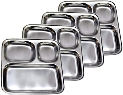 RBGIIT Pack of 4 Stainless Steel Pav Bhaji Plate for Restaurant Small Stainless Steel 3 in 1 Compartment Plate K0 Dinner Set(Silver, Microwave Safe)