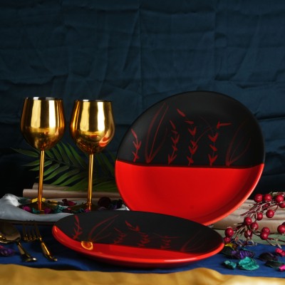 caffeine Ceramic Handmade Half Red & Black Bamboo 10 inch Dinner Plate(Pack of 2, Microwave Safe)