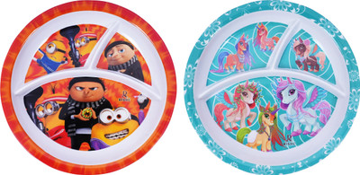 Venezia Unicorn and Minions Cartoon Printed Kids Dinner Plate 3 Section Circle Shape Dinner Plate(Pack of 2)