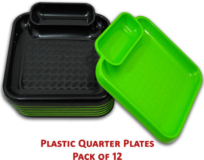 Inpro Stylish Plastic Plates in 6 Green & 6 Black Color for Serving Snacks Quarter Plate(Pack of 12, Microwave Safe)