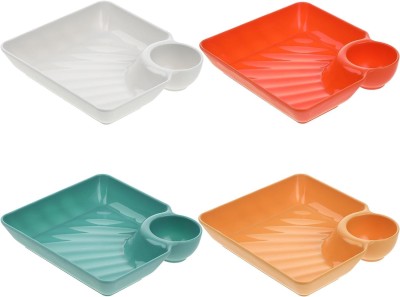 Vrundavan Care Plastic Dumpling Plates with Sauce Compartment Square with Sauce Holder Chip & Dip Tray(Pack of 4, Microwave Safe)