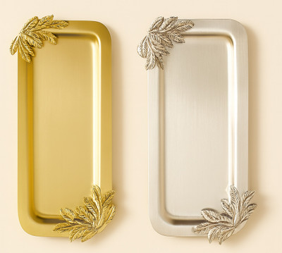 sparkle & shine Decorative Metal Serving Trays with Leaf Embellishment – Golden & Silver Finish Tray(Pack of 2)