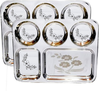 Qality Stainless Steel 5 Compartment Divided Dinner Plate/Partition Thali/ Bhojan Thali Dinner Plate(Pack of 2)